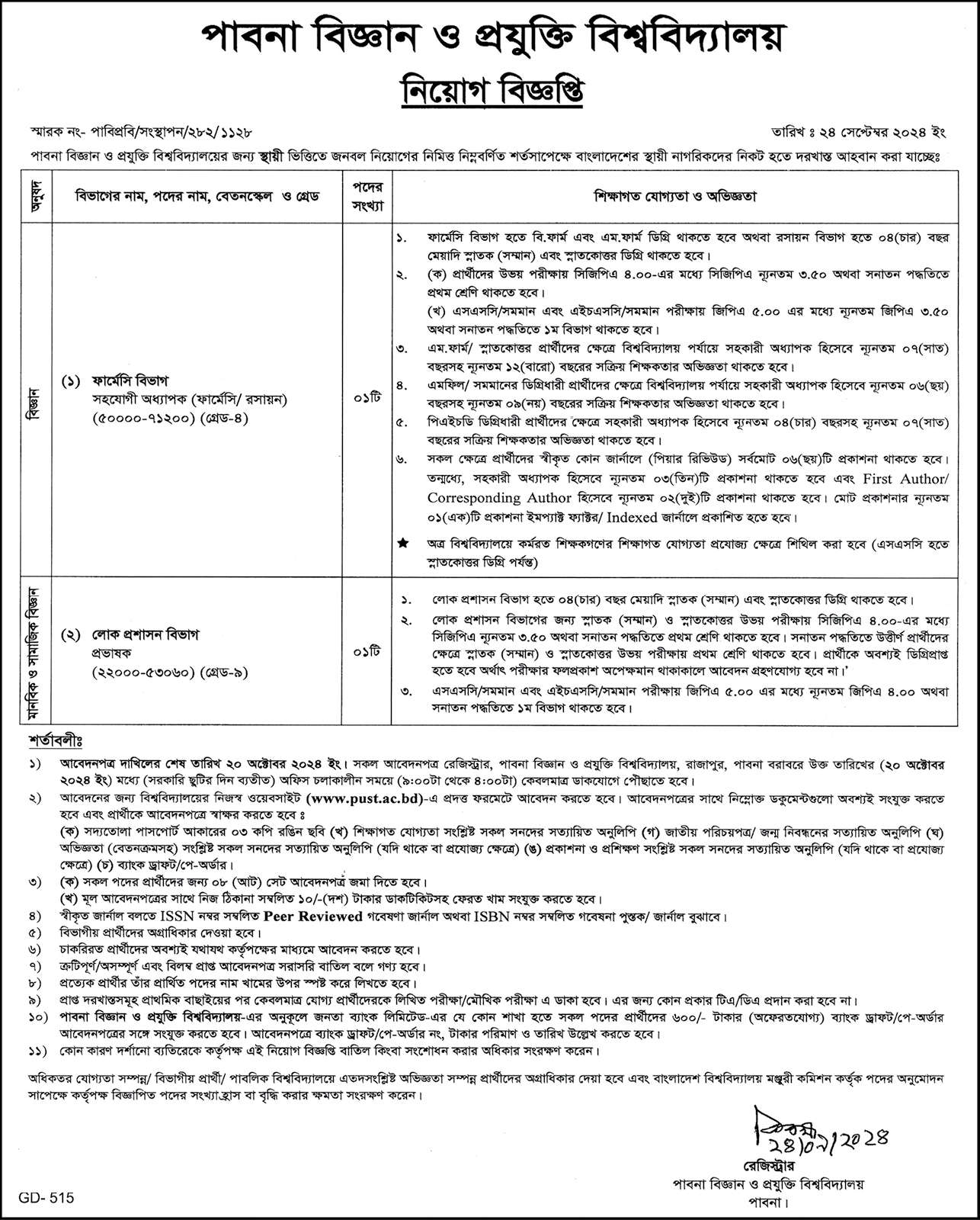 Pabna University of Science and Technology Job Circular 2024